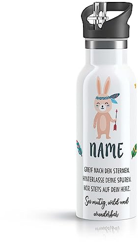 OWLBOOK® Edelstahl Kinder Trinkflasche Mädchen personalisiert | Wasserflasche mit Strohhalm | 600 ml | Flasche BPA-frei | Spülmaschinenfest | Schule Schulanfang Geschenke zur Einschulung | Hase