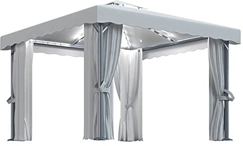 Homgoday Gazebo con Tende e Stringa di Luci LED 3x3 m Bianco Crema, Gazebo da Giardino, Gazebo Ombrellone da Giardino Spiaggia Pesca Esterno Antivento per Arredo Giardino Terrazzo Ambienti