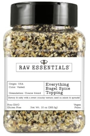Raw Essentials Everything Bagel Seasoning – Savory Blend of Onion, Garlic, Sea Salt, Poppy & Sesame Seeds – Perfect for Bagels, Avocado Toast, Eggs, Salads & More – Vegan, Gluten Free, Non GMO – 10 oz Bottle
