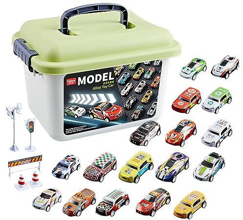 30 Pièce Lot Petites Voitures Jouets Metal Voiture Jouet Enf-ant Cascadeuse Mini Voitures De Course Apporter Valise Avec Carte Routière Et Panneau Routier De Course Voiture En Alliage STEM Pour Enfant