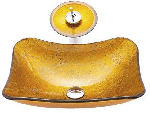 Waschtisch mit Waschbecken, Badezimmer-Waschbecken, Gefäße, Waschbecken, Aufsatzwaschbecken, goldenes rechteckiges Gefäß-Waschbecken, gehärtetes Glas über der Theke, Badezimmer-TOI