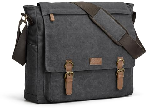 S-ZONE Borsa a Tracolla da Uomo 15,6 Pollici, Grande Vintage in Tela, da Ufficio e Lavoro, Grigio Scuro-XL, Messenger