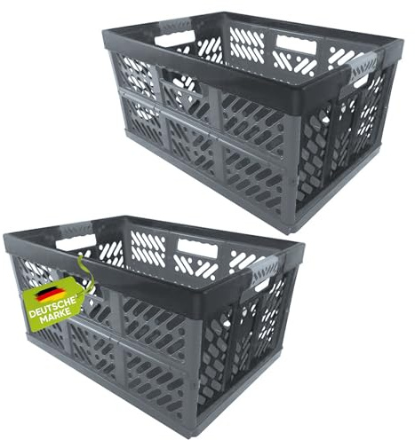 homesti Klappbox 45 L bis 50 kg, 2er Set, 54 x 36 x 28 cm, Einkaufskorb in Silber, stabil, faltbar, Soft-Touch Griffe, lebensmittelecht, pflegeleicht