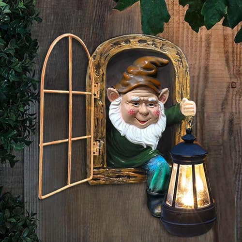 Fairy Garden Statues Gnomes Solar Lantern - Whimsical Elf Out The Door Tree Hugger Figurines Fence Wall Yard Art Home Decor Outdoor Tree Face Sculpture, Ideal Halloween Decorations