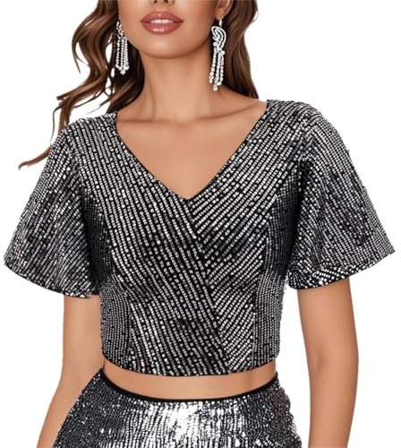 Segreto Damen Glänzend Pailletten Oberteile Rüsche Kurzarm V-Ausschnitt Glitzer Crop Tops Elegant Blusen T-Shirts Party Rave Outfits