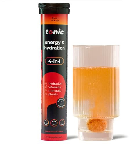 Tonic Health Energy and Hydration Tablets - 15 Vitamins, Minerals, Plants with Panax Ginseng, No Sugar Effervescent Multivitamins - Rehydration Electrolytes Tablets, Blood Orange 20 Count