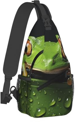 QVUEagriSJ Umhängetasche für Herren und Damen, Umhängetasche, antikes geheimnisvolles Kunstmuster, Umhängetasche, Brusttasche für Reisen, Sport, Ein Baumfrosch steckt seinen Kopf aus einer Blatttasche