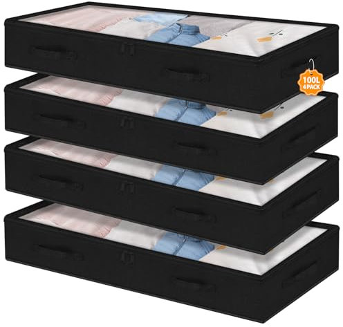 mepure 100L Extra Large Underbed Storage, 4 Packs Under Bed Storage Box With Lid & Zips, Foldable Fabric Underbed Clothes Storage Bags W/Sturdy Handles, College Dorm Organizer For Blankets Comforters