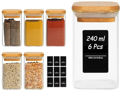 ComSaf 6Pcs 10 oz Large Spice Jars with Label Trial Set, Glass Spice Jars with Bamboo Lids Supplementary Set, Seasoning Container Trial Pack, Perfect for Ktichen Starter