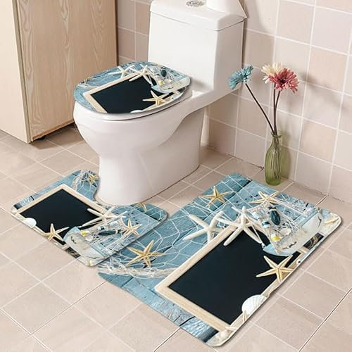 Bad Teppiche Set Blauer Seestern Badezimmerteppich Waschbar WC Vorleger mit Ausschnitt und WC Deckelbezug 3 Teilig Badematte rutschfest Toilettensitzbezug Badgarnitur 45x75 cm