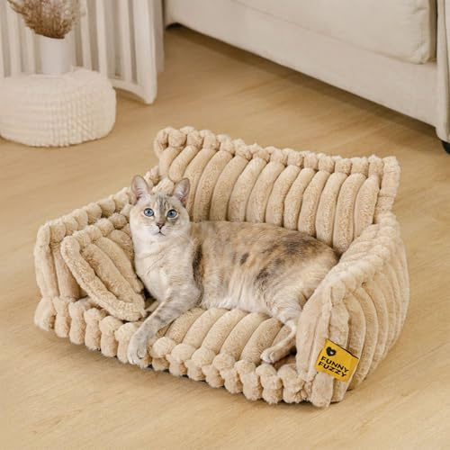 Rolig luddig ortopedisk kattbäddsoffa, söt kattsoffa, tvättbar kattbädd med fluffigt bubbelskydd i fuskpäls, kattstol för inomhuskatter, mjuk husdjurssäng för valp och kattunge (kamel, 23,6 × 17,7 ×