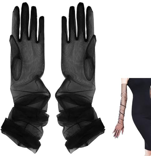 PLUSHCEWT Lange Abendhandschuhe Braut Spitze Handschuhe Elegante Teeparty Kleidungszubehör Tüll Ellbogenlänge Handschuhe für Frauen Hochzeit Dinner Abschlussball Oper Handschuhe (Schwarz, 55cm)