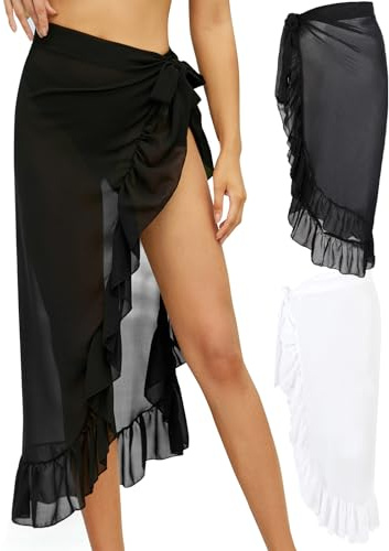 Monbessi 2 stycken pareo damer strand chiffong genomskinlig strandhandduk sarong duk damer strandkjol snörsko, Svart lång + vit lång, one size