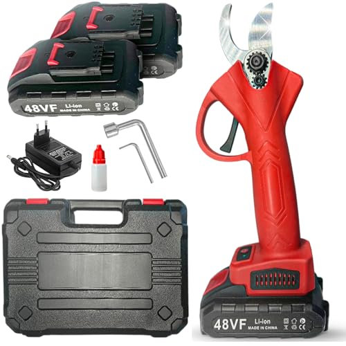 Forbici da Potatura Elettriche con 2 Batterie da 48V e Valigetta, Cesoie Portatili Professionali – Taglio Preciso e Assistenza Batteria Immediata (Rosso)