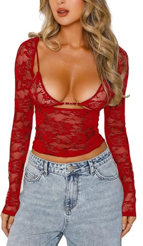 OOHOKAY Women's Lace Top Long Sleeve with Bra Embroidery Floral Slim Fit Low Cut Blouse Sexy Sheer See Through Y2K Crop Tops(Red-l1,M)
