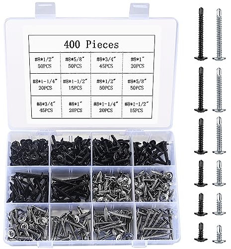 400 Pieces Self Tapping Screws, Stainless Steel Drilling Screws Set, Self-Drilling Screws Kit, 4.2 mm x 13/16/19/25/32/38 mm
