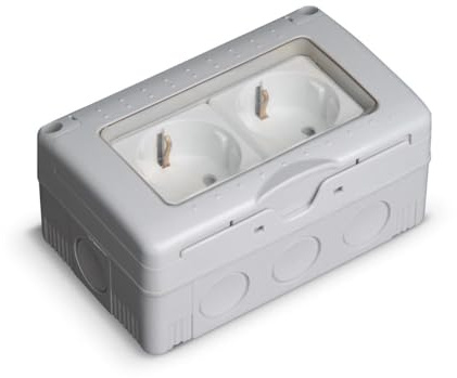 Doble enchufe IP55 de superficie, resistente al agua y al polvo, ideal para exteriores y ambientes industriales.