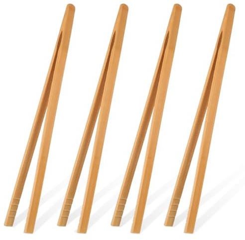 LIQWEI 4 stycken bambu-toasttång, 25 cm trätång, slipfast återanvändbar köksspisstång bambu tång toast liten köksspisstång för sallad, grillning, steking, matlagning, bröd