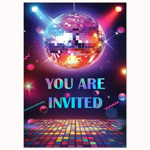 Edition Colibri Lot de 10 cartes d'invitation pour fête d'anniversaire d'enfants – Thème disco – Format A6 – Invitations de fête des années 80 et 90 – Cartes d'anniversaire disco amusantes pour