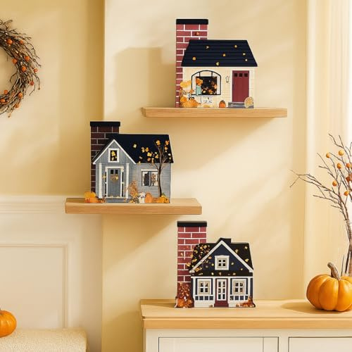 Yalikop 3pcs Fall Decoration for Home Autumn Wooden House Shaped Block Sign