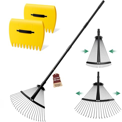 Extra Breiter Laubrechen mit 22 Zinken & Laubsammler-Set, 32-56 cm Breitenverstellbarer Metall Garten-Rechen, Schwer & Leicht für Blumenbeet/Unter Sträucher/Tannennadeln & Enge Räume