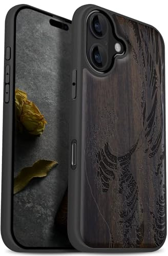 Carveit Holz Cover für iPhone 17, Dunklesholz-Die Welle Kanagawa | Handyhulle kompatibel MagSafe Massivholz für iPhone 17 Handyhülle Stoßstange Weich TPU Case
