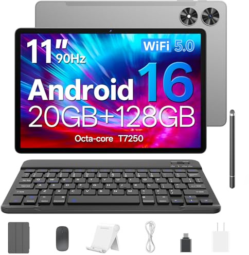 Android 16 Tablet, 2025 Upgraded 11 inch Android Tablets with Keyboard, 20GB+128GB+1TB Expand, Support Face Unlock+Widevine L1 Supported, Octa-Core CPU,Dual WiFi, Dual Camera,8800mAh Battery, Silver