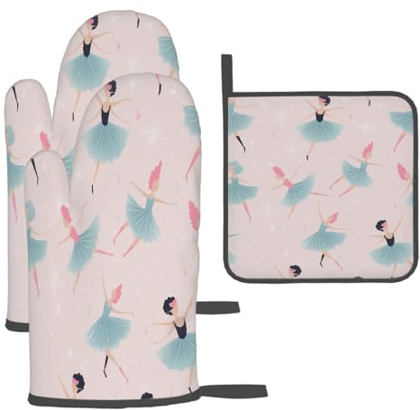 Mexpekil Potholders and Oven Gloves Heat Resistant, Cute Ballerinas Pattern Kitchen Glove and Heat Mats 3-Piece Set, Insulated Oven Mitts for Kitchen, Baking, Cooking