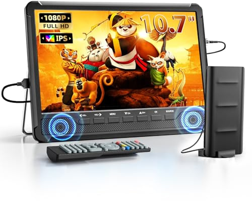 NORTHING 10.7 IPS Flat Screen TV, Portable Mini TV with Antenna ATSC Tuner, LCD Monitor 1080P with HDMI, AV, USB Input, Remote Control, Stand, Small Television for Camping Car Travel