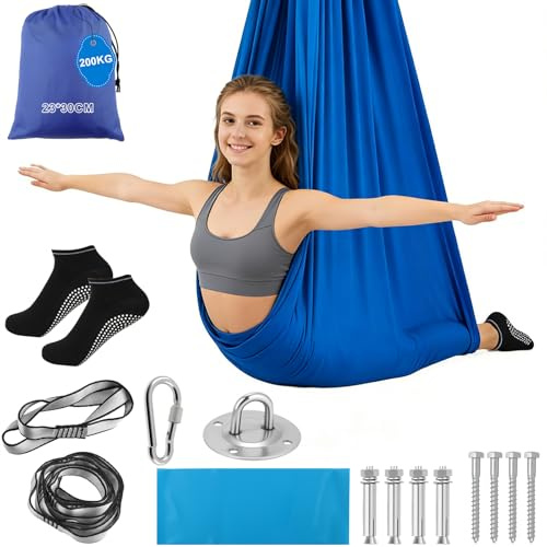 YnewL 280x200cm Aerial Yoga Hamac de Yoga Aérien, Tissu Aérien Gymnastique 200kg Maximum Respirant et Durable Balancoire AdulteYoga, Entraînement Anti Gravité (Bleu)