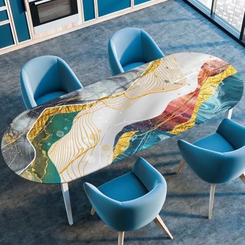 Hiseng Ovale Tischdecke, Grau Tischdecke Oval Abwaschbar mit Gummizug, Abwischbare Outdoor Tischtuch Winter Fleckschutz Tischwäsche Küche Dekoration (Goldener Sand,107cmx165cm)