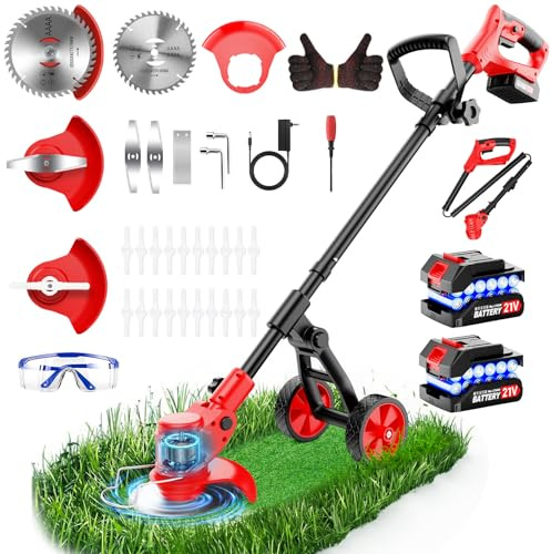 4 in 1 Decespugliatore a Batteria,Tagliaerba a Batteria con 2 Batterie da 2.0AH,Tagliaerba Elettrico con Ruote Rimovibili,4 Tipi di Lamelle per Taglio Di Giardini,Arbusti,Prati