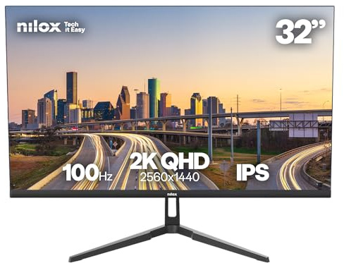 Nilox NXM322K1001 Monitor Gaming 32'' 2K QHD 2560×1440 IPS, Frecuencia 100 Hz, Tiempo de Respuesta 4 ms, Salida de Audio de 3,5 mm, Conexiones HDMI/DP, VESA 100×100 mm