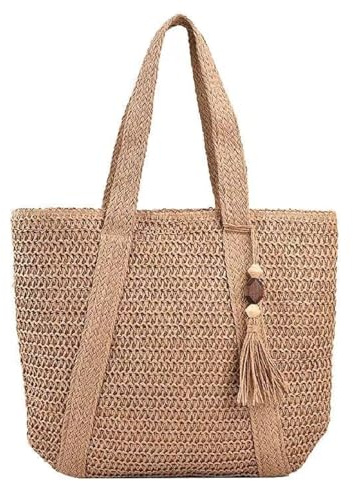Joyhere Strohtasche Damen Groß Stroh Handtasche, Sommer Gewebte Stroh Umhängetasche Strandtasche Mit Reißverschluss, Boho Stil Tasche Shopper Schultertasche Für Urlaub Reisen Strand (Braun)