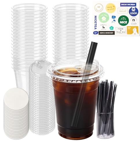 50Pcs Clear Plastic Cups with Lids and Paper Straws, 500ml Reusable Clear Cups with Leak Proof Paper, Sticker, Elegant Plastic Coffee Cups Perfect for Iced Coffee, Tea, Smoothie, Milkshakes etc