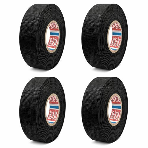 Liravonte 4 Rolls Wiring Harness Tapes, 19mm x 15m Wiring Loom Tape | Heat Resistant Adhesive Fabric Cloth Tape, Black Fabric Tape for Car Cable Electrical Harness Wrap Automotive Use Insulation