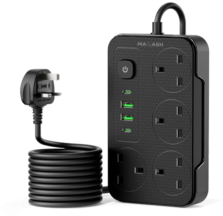 Black extension lead with usb slots 2500W -2m long cable - copper clips - 13A 220V - multi usb plug Cord UK - power strip with USB Socket, 8 in 1 mobile charging USB C PD 5V/2.1A