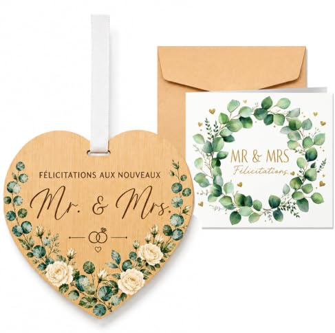 AJAUBKJOG Carte mariage avec pendentif cœur bambou, cadeau mariage | Carte de mariage avec message manuscrit, pendentif cœur à suspendre et enveloppe kraft pour un cadeau mariage prêt à offrir
