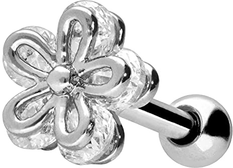 PIERCINGLINE Ohrpiercing Blume mit Kristall aus Chirurgenstahl - Piercing Schmuck für Ohr oder Helix in 3 Farben