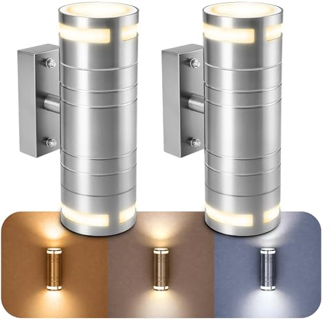 SSC-LUXon ELARI Außenwandleuchte 2er Set Up & Down IP44 5W 3 Lichtfarben | Edelstahl-Wandlampen im 2er Set mit Up-Down-Licht - für Fassade, Garten & Balkon, inkl. GU10 LED, warm / neutral / kaltweiß