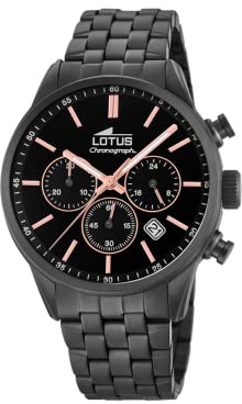 LOTUS Reloj Hombre Analógico de Acero Inoxidable 316l Negro - Movimiento de Cuarzo - Cronógrafo - Calendario - Cristal Mineral de Alta Resistencia - Resistente al Agua 5 ATM Casual 18668/2 Chrono