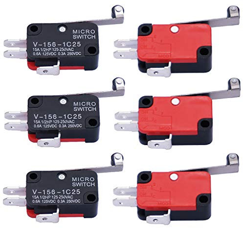 mxuteuk 6 Stück Mikro schalter Endschalter SPDT 1NO 1NC riegelschaltkontakt Mikroschalter mit langem Scharnier-Rollenarmschalter Mini-Mikro-Endschalter für Arduino V-156-1C25