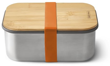 BLACK + BLUM Edelstahl Sandwichbox | Orange | 1,25 L Edelstahl Dose mit Deckel | Silikon-Trennwand & Silikonband | Bambusdeckel/Schneidebrett | Lunchbox Erwachsene BPA-frei | Bento Box Erwachsene