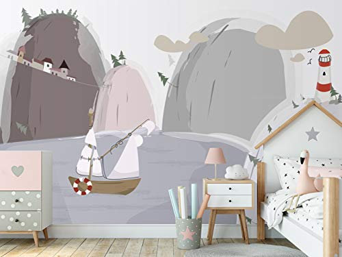 Oedim Fotomural Infantil Vinilo para Pared Paisaje Barco, Faro y Pueblo | Mural | Fotomural Infantil Vinilo Decorativo |500 x 300 cm | Decoración comedores, Salones, Habitaciones