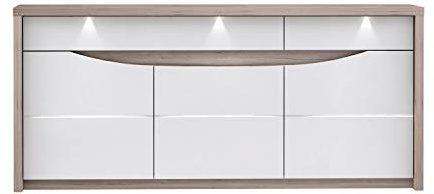 FORTE Saint Tropez Kommode mit 3 Türen, 2 Schubladen, Holzwerkstoff, Weiß Glanz kombiniert mit Sandeiche, 52,7 x 187,4 x 84,4 cm