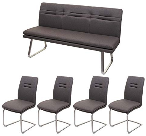 Mendler Esszimmer-Set HWC-H70 Stoff/Textil - grau-braun 160cm | Esszimmergruppe, Sitzgruppe, Esszimmergarnitur, Edelstahl, gebürstet