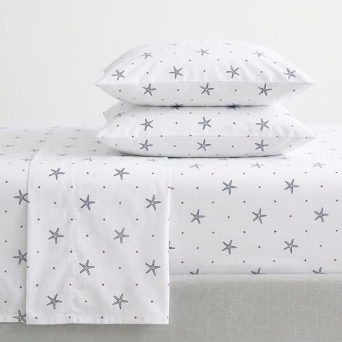 Nautica - Ensemble de draps pour lit Simple, Ensemble de literie en Percale de Coton, Gracieuse et fraîche, légère et Respirante (étoile pailletée Bleu côtier, lit Simple)