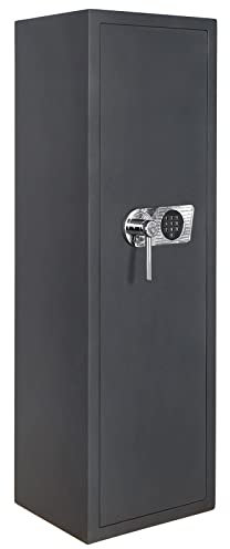 Profirst Waffenschrank EN0 Hurricane Elektronikschloss Notbestromung geeignet für 5 Langwaffen verstellbares Ablagefach Waffenhalter Putzstockhalterung inkl. Befestigungsmaterial, Grau