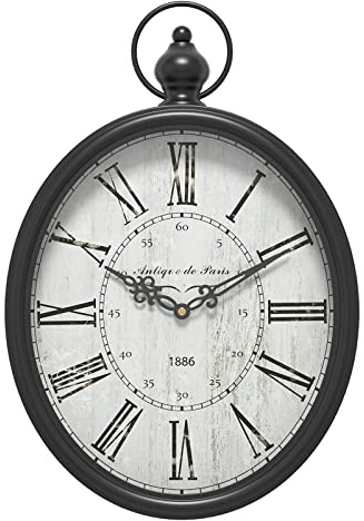 Menterry Oval Retro Wall Clock, Rustic Vintage Style, Black Antique Design, Battery Operated Silent Decor Large Wall Clocks for Kitchen,Farmhouse,Office (15.5 H x 10.5 W)