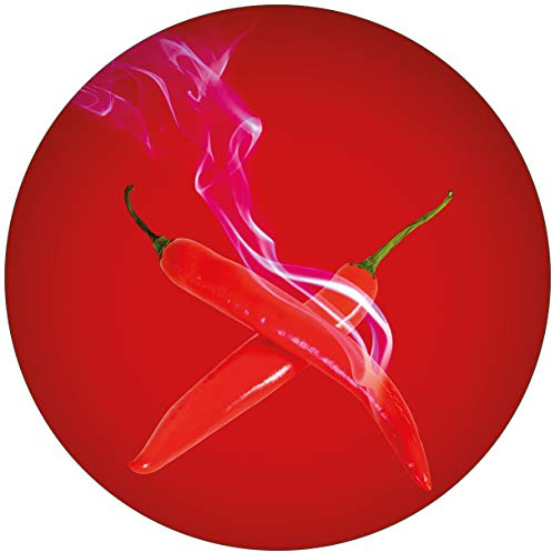 Wallario Glasbild rund Rauchende Chili-Schoten im Duo vor rotem Hintergrund - Rund, 50 cm Durchmesser Wandbild Glas in Premium-Qualität: Brillante Farben, freischwebende Optik